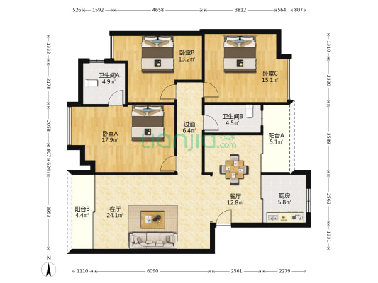 新中源楼小区 3室2厅2卫 123平方