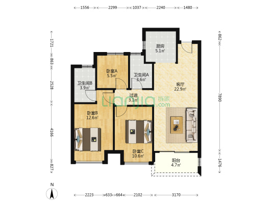 富田城九鼎华府五号院 3室1厅2卫 100平方