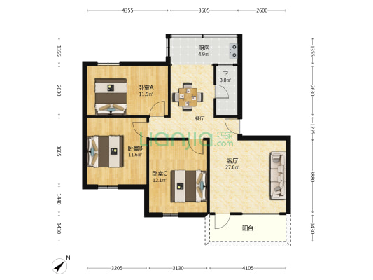 园林局宿舍 3室1厅1卫 90平方