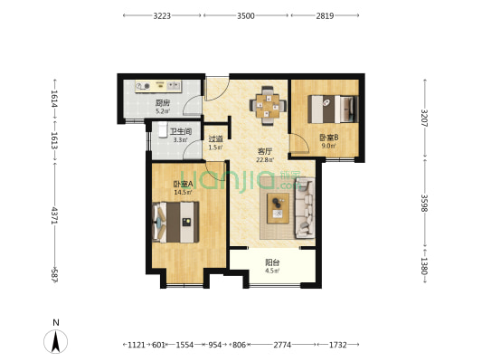 润江煦园 2室1厅1卫 90平方