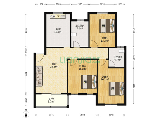 美陆佳园桂苑 3室1厅2卫 125平方