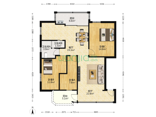 南苑大厦 3室2厅2卫 104平方