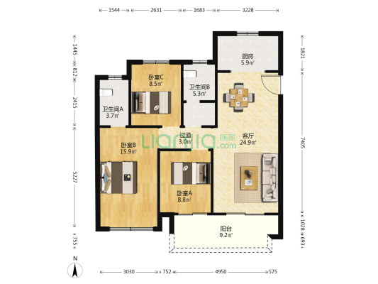 招商美景美境二期 3室1厅2卫 115平方
