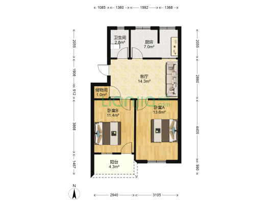 嵊州大道 2室1厅1卫 63平方