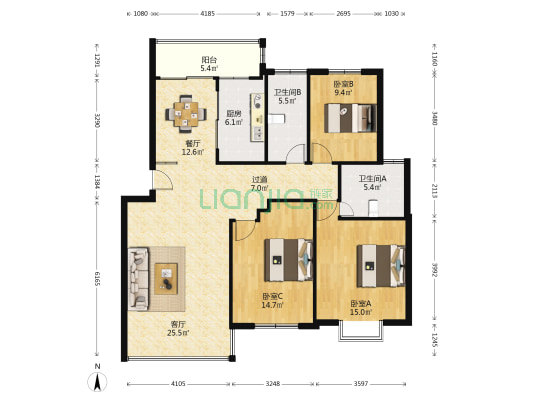 海景花园 3室2厅2卫 125平方