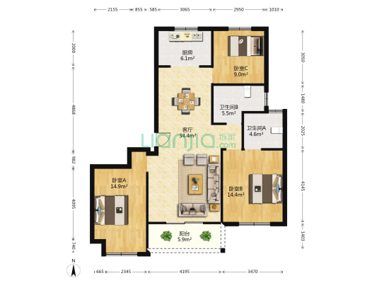 月半湾西区 3室1厅2卫 124平方