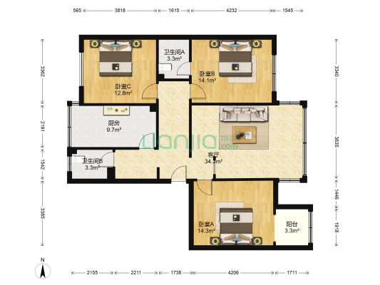 五津公寓 3室1厅2卫 134平方
