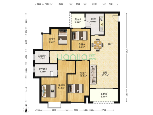 上悦天地云归苑 4室1厅2卫 128平方
