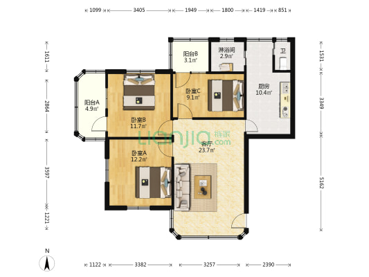 手套总厂职工宿舍 3室1厅2卫 93平方