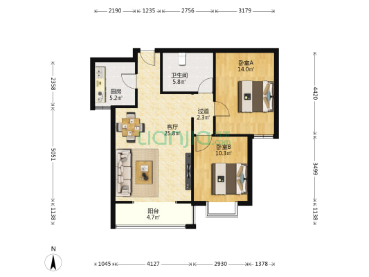 红山万和城 2室1厅1卫 92平方