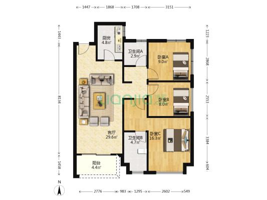 卓越东部蔚蓝海岸五期 3室1厅2卫 95平方