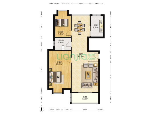 万豪国际 2室1厅1卫 115平方