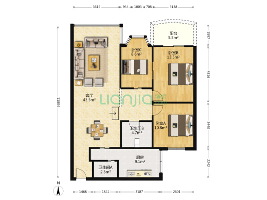 牵晴小居 3室1厅2卫 121平方