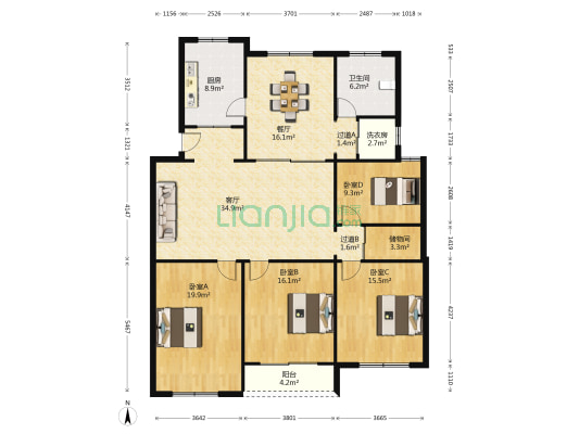 纬中路 4室2厅1卫 154平方