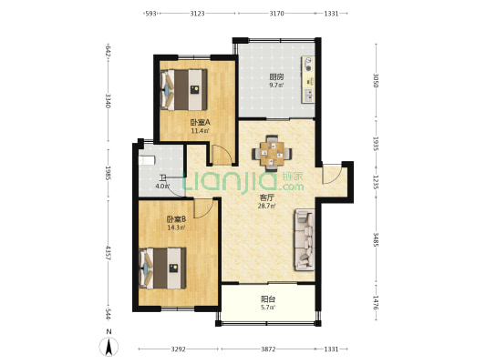 阳光城安置房 2室1厅1卫 83平方