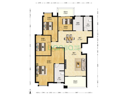 中航山水蓝天 4室2厅2卫 162平方