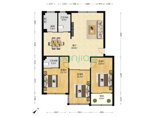 中药材宿舍 3室1厅2卫 126平方