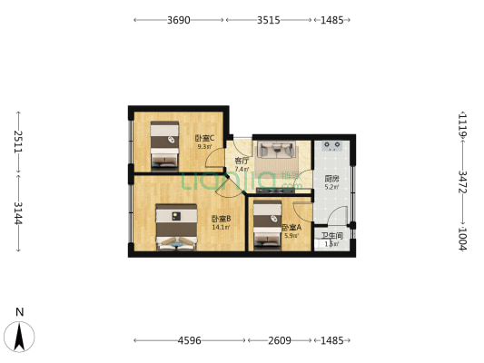 太白路57号 3室1厅1卫 53平方