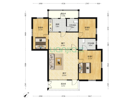 新乐村 3室2厅2卫 120平方