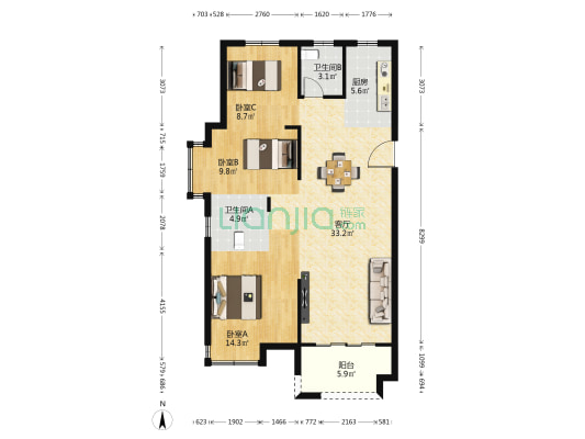 爱琴海国际广场 3室1厅2卫 110平方