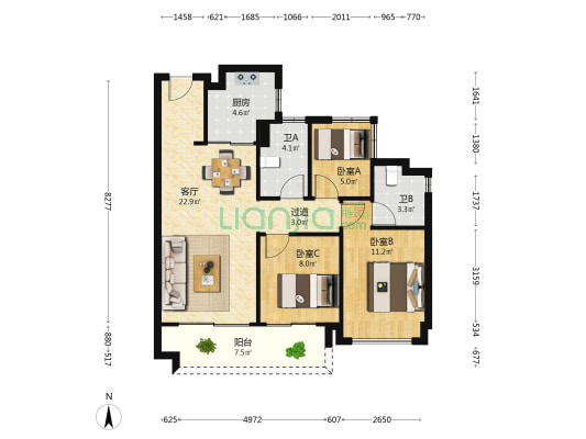 万科西海岸 3室1厅2卫 89平方