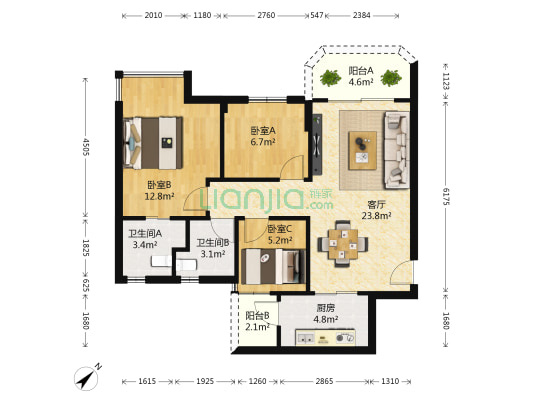 祈福水城 3室1厅2卫 89平方