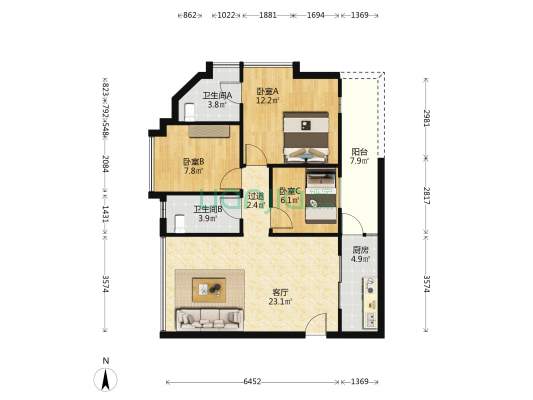 又一居 3室1厅2卫 90平方
