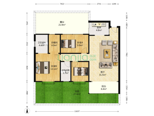 四季花语雅苑 3室1厅2卫 96平方