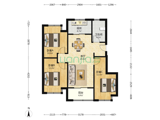 卓越蔚蓝时光 3室1厅1卫 86平方