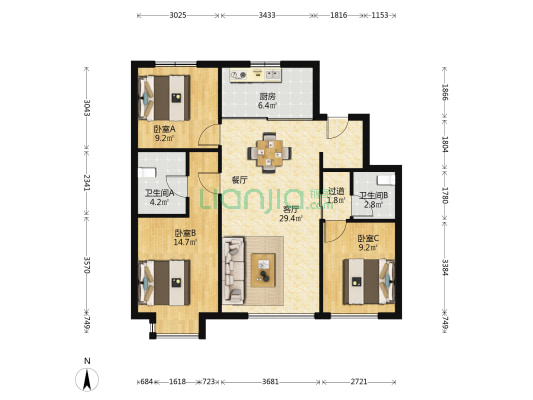 万科东第 3室1厅2卫 112平方