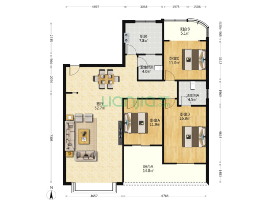 奎星广场 3室1厅2卫 153平方