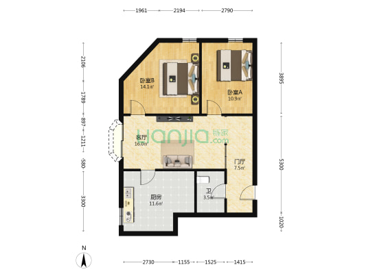 福海花园 2室1厅1卫 77平方