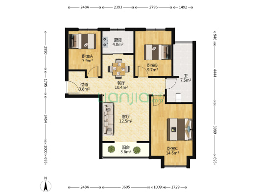名润名家 3室2厅1卫 95平方