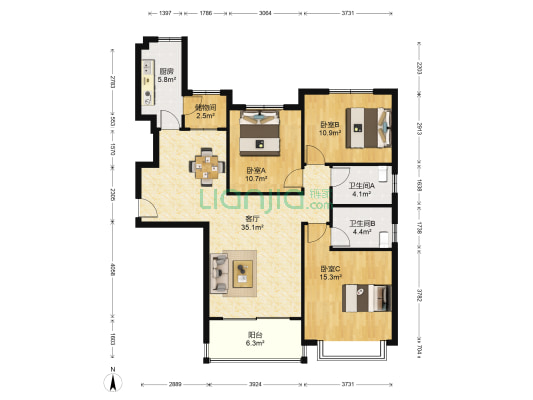 恒大睿城 3室1厅2卫 139平方
