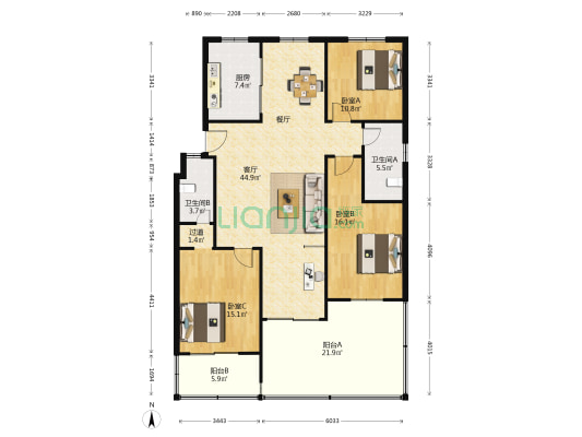 随想园小区 3室1厅2卫 124平方
