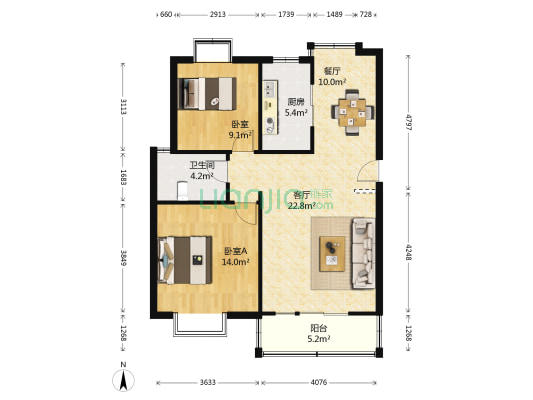 燕园 2室2厅1卫 95平方