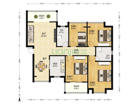博泰花园小区 4室1厅2卫 129平方