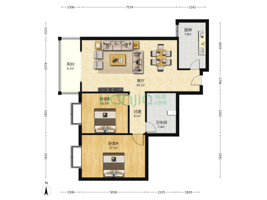 宏泽园 2室1厅1卫 114平方