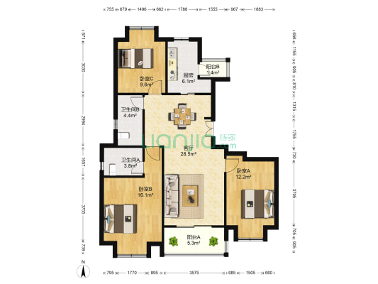 招商中环华府 3室1厅2卫 119平方
