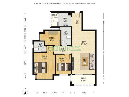 明汇苑二期 3室1厅2卫 89平方