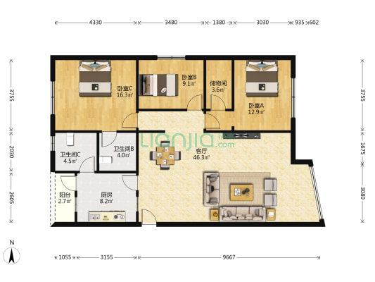 怡嘉华庭 3室1厅2卫 146平方