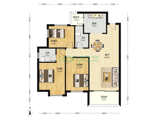 天城国际广场 3室1厅2卫 119平方