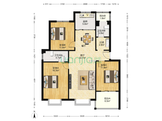 新郑领秀城北区 3室1厅2卫 116平方