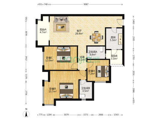 恒大绿岛新城D区 3室1厅2卫 110平方