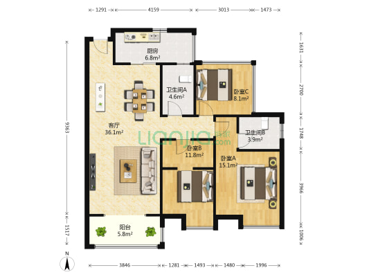 桂湖名城一期 3室1厅2卫 111平方