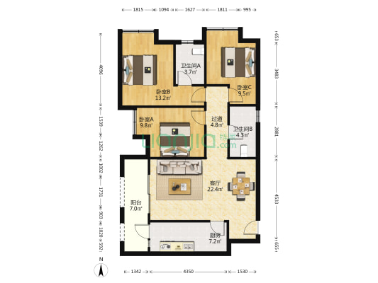 联发龙洲湾一号E区 3室1厅2卫 103平方