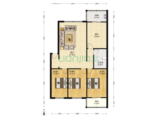 馨平公寓 3室2厅1卫 126平方