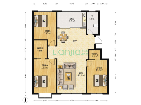 恒信阳光假日C区 3室1厅1卫 136平方