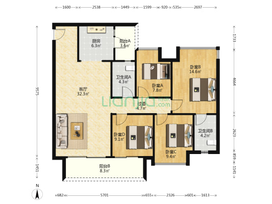 保利和光尘樾一期 4室1厅2卫 128平方