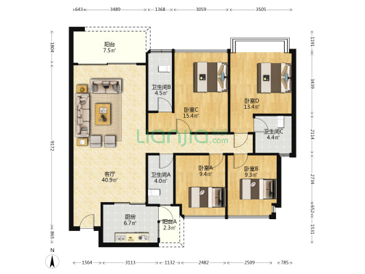 朝南维港丽江 4室1厅3卫 147平方